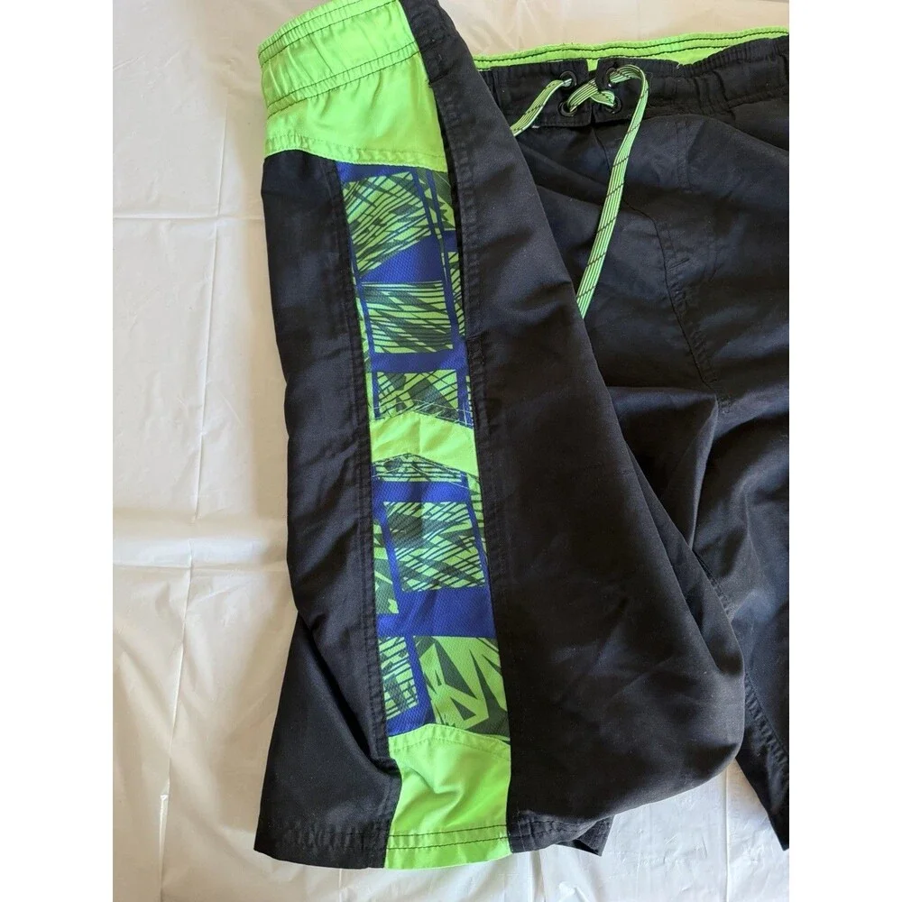 Nike Men’s Board Shorts Swim Trunks Black Neon Green Blue Drawstring 21” Waist
